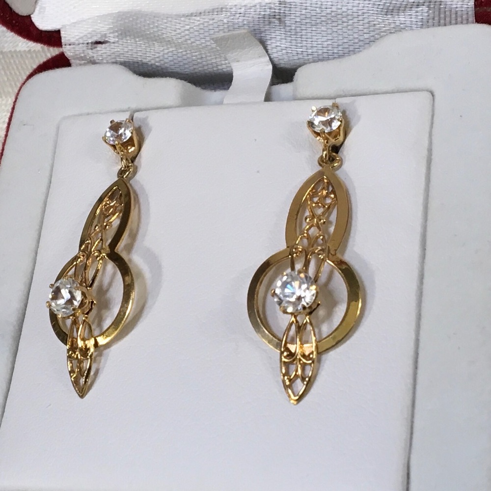 Vintage 10k Lavaliere Earrings w/White Sapphires